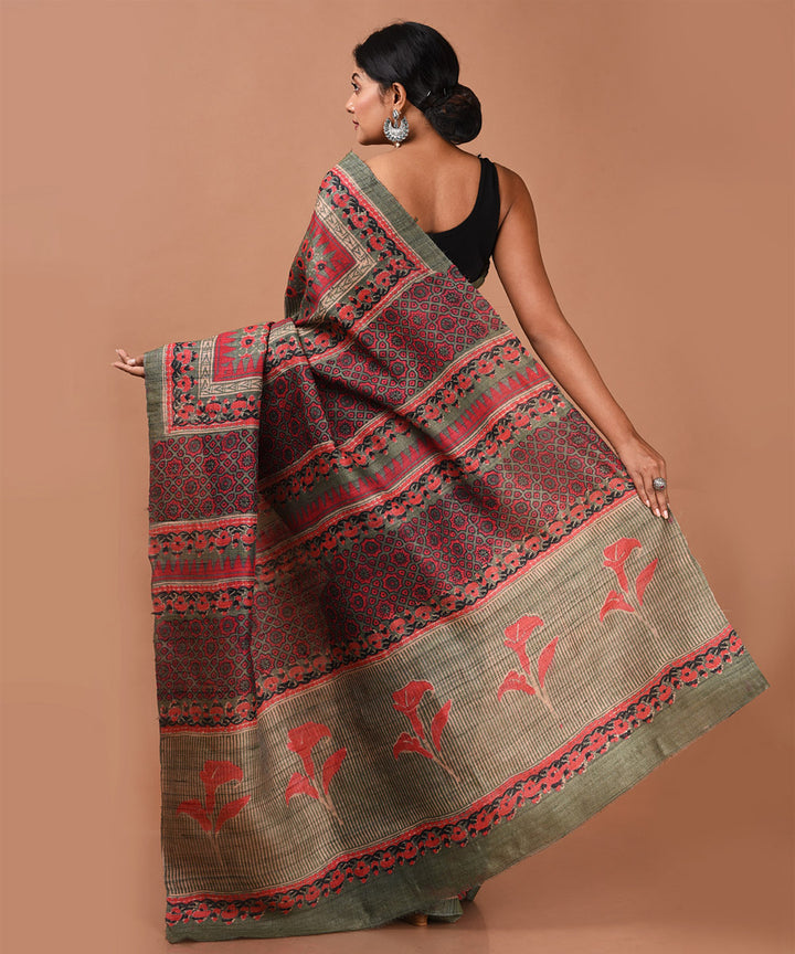 Olive green handwoven tussar silk block print saree