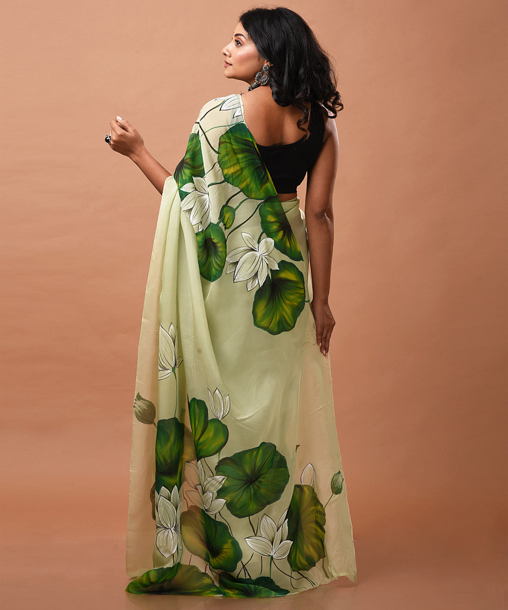 Light green handwoven organza silk hand painted saree