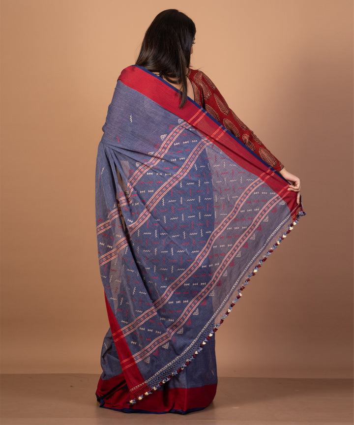 Indigo grey handwoven cotton jamdani saree