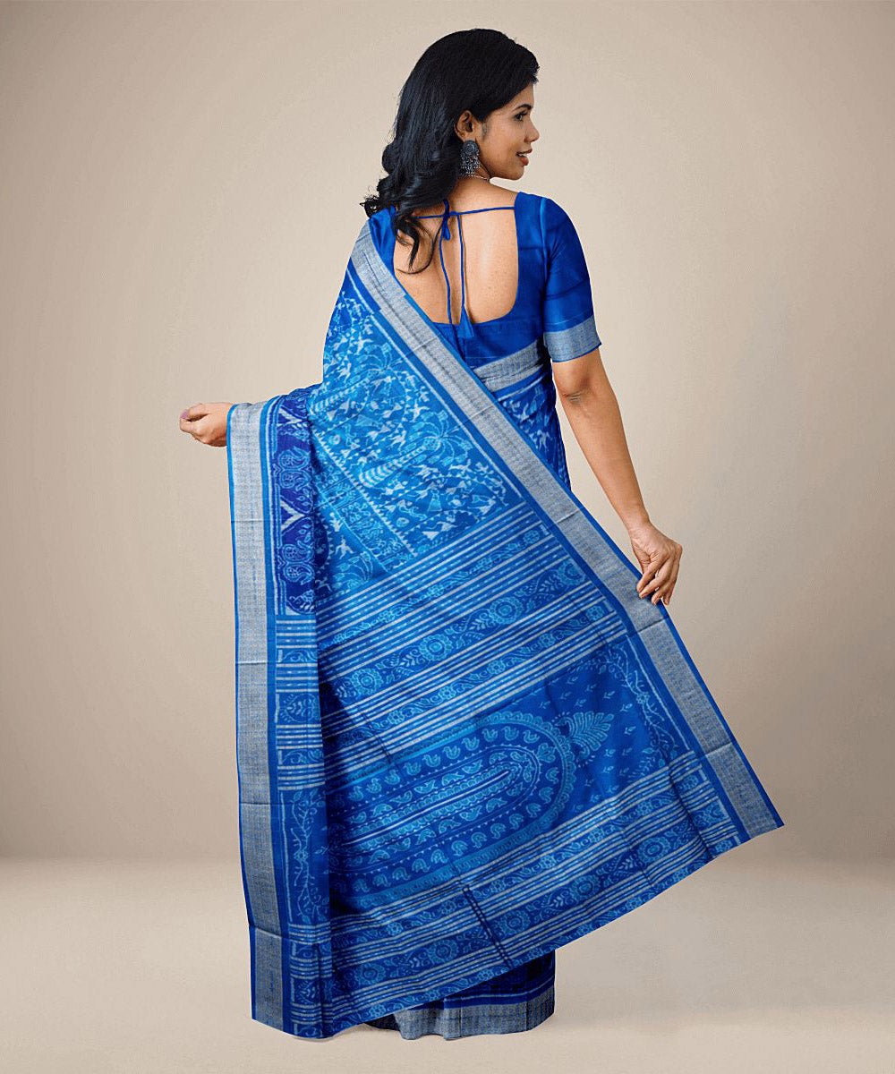 Sky blue dark blue handwoven silk sambalpuri saree