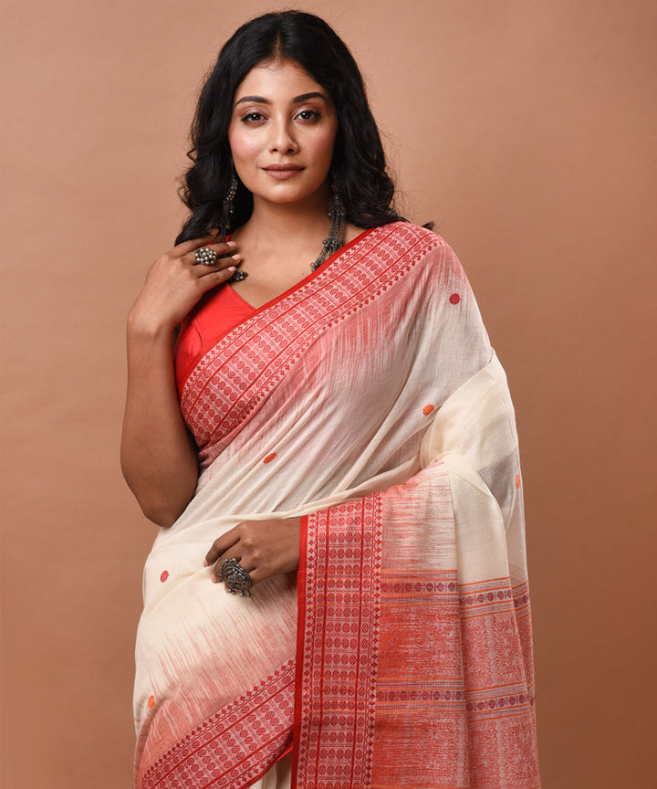 Red and off white handwoven cotton jamdani saree