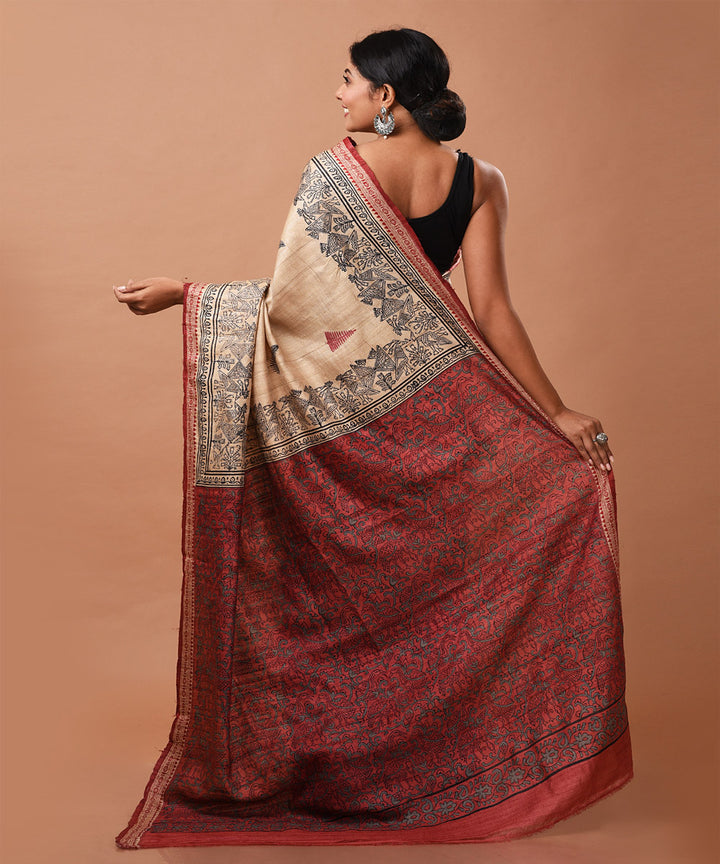 Offwhite handloom tussar silk block print saree with sambalpuri border