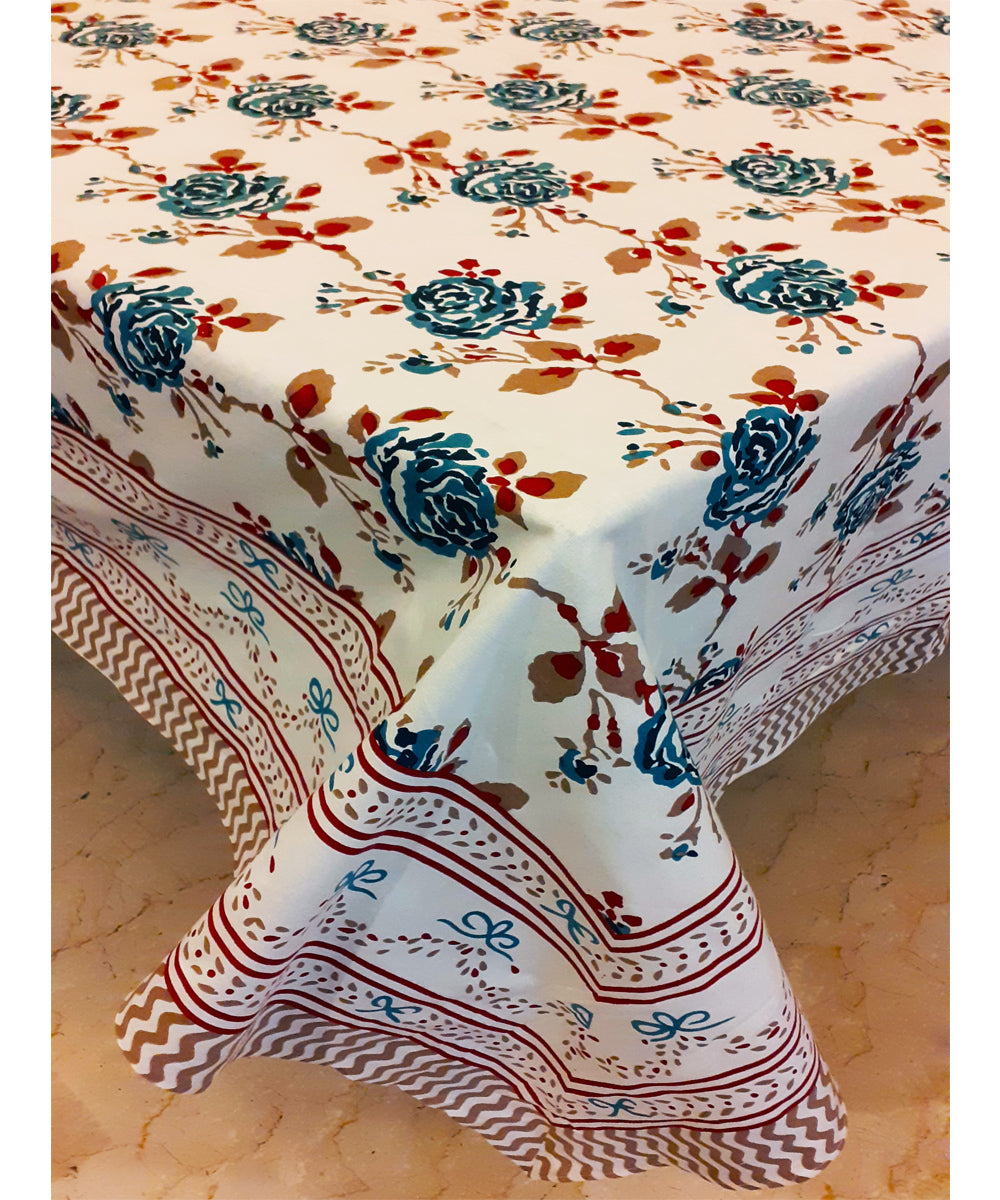 Multicolor handblock print cotton table cover with 6 napkins