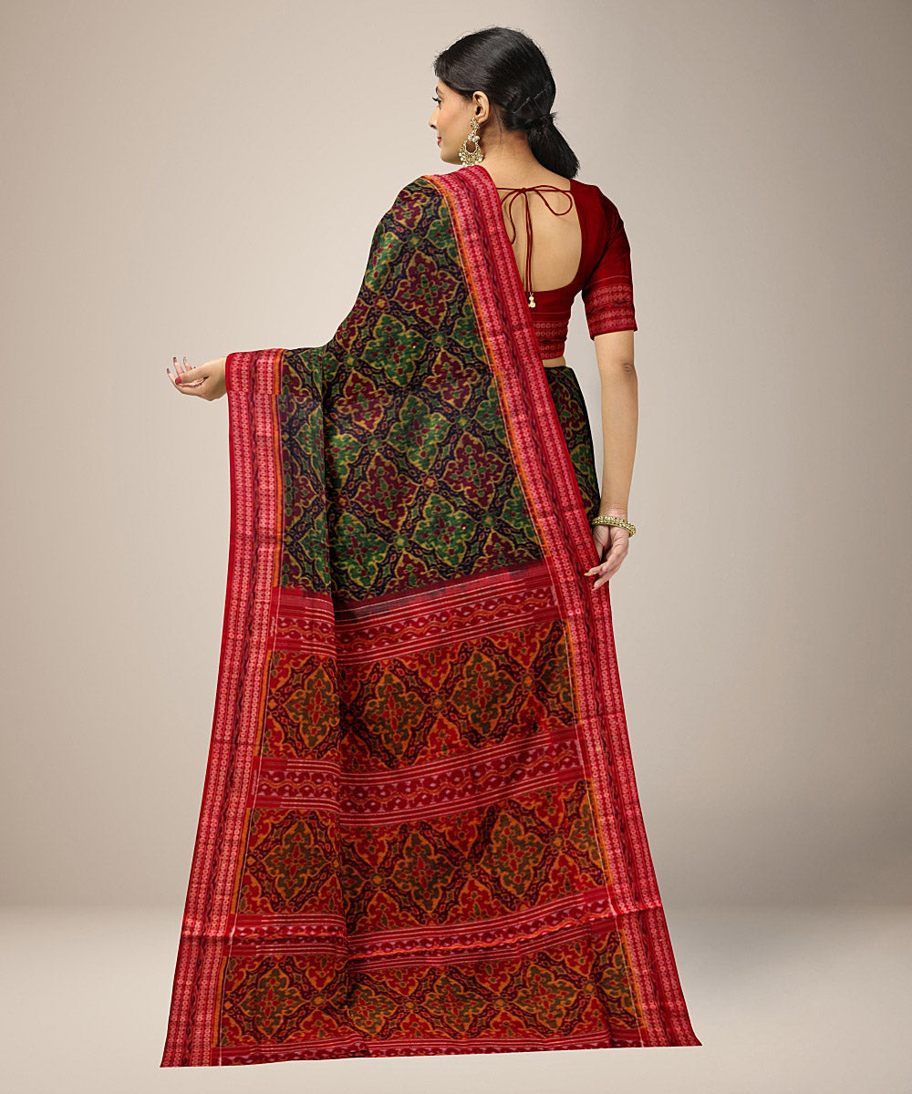 Dark green red handwoven cotton sambalpuri saree