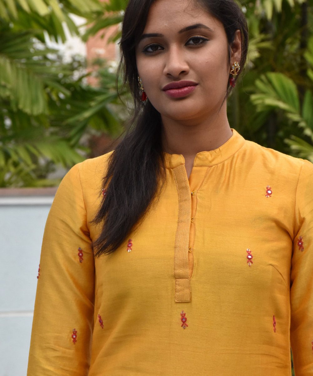 Yellow handloom chanderi cotton silk kurta with hand embroidery