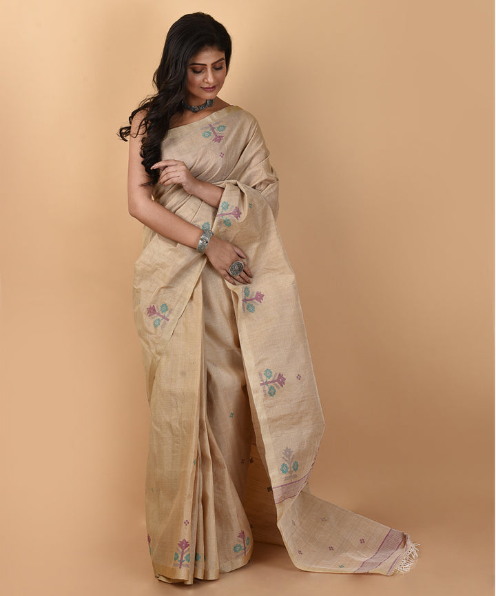 Beige handwoven tussar silk jamdani saree