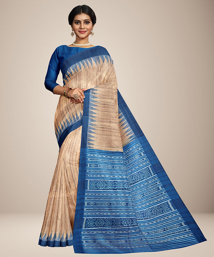 Beige blue gopalpur tussar silk handwoven saree