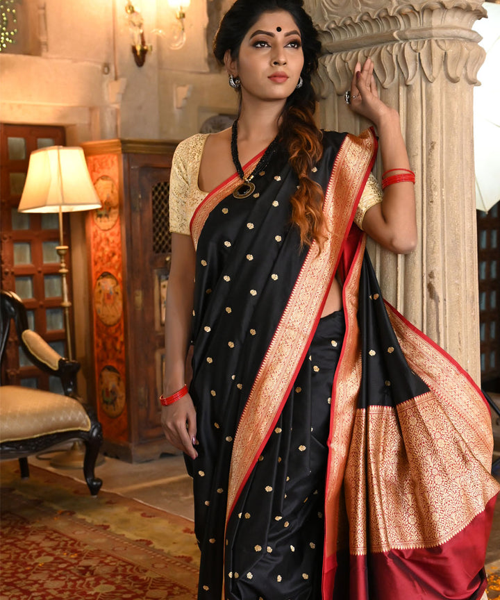 Black and red silk handloom banarasi saree