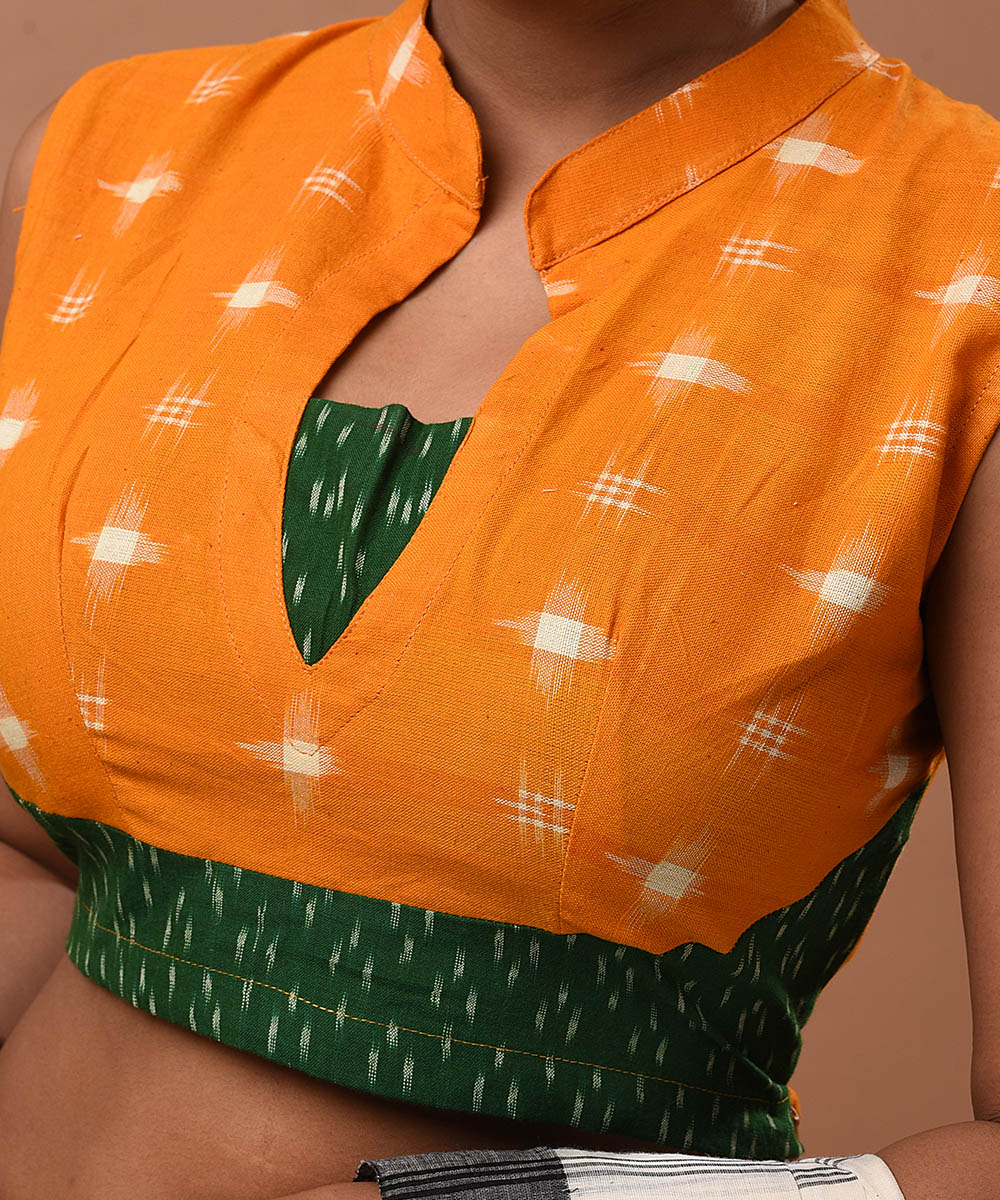 Mustard and green chinese collar handwoven ikat blouse