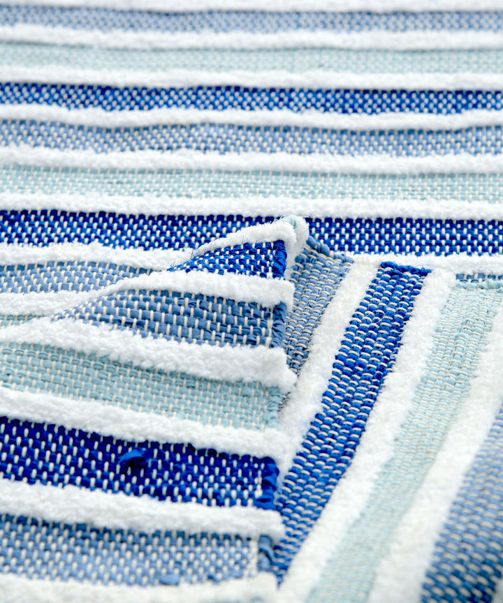 White navy blue handwoven stripe cotton dhurrie