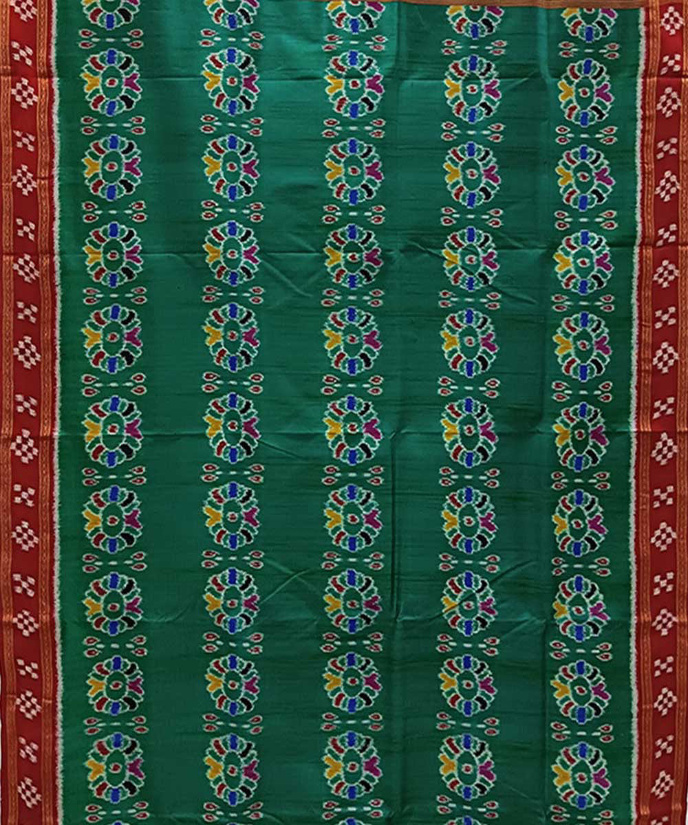 Dark green red handwoven khandua silk saree