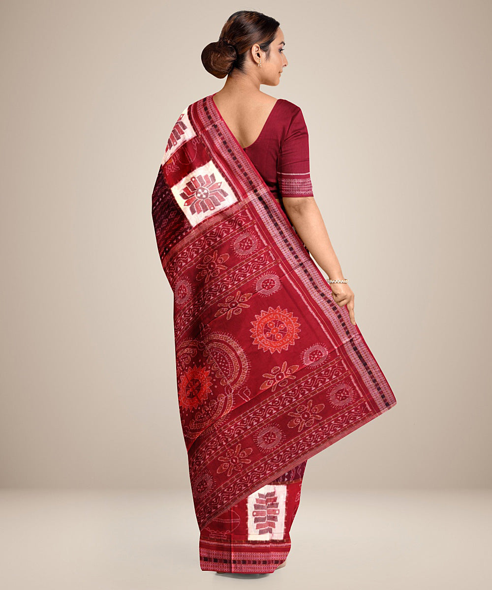 Maroon red cotton handwoven sambalpuri saree