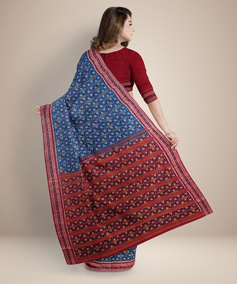 Navy blue red cotton handwoven sambalpuri saree