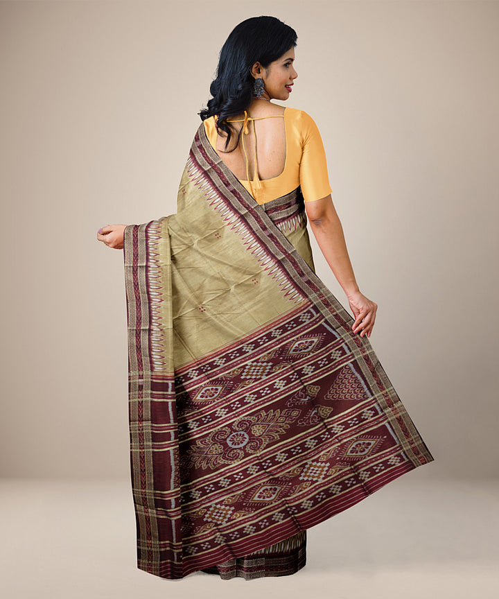 Beige yellow and maroon handwoven silk khandua saree