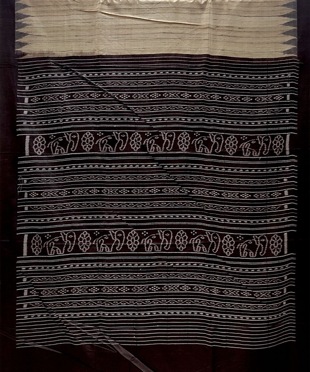 Beige black gopalpur tussar silk handwoven saree