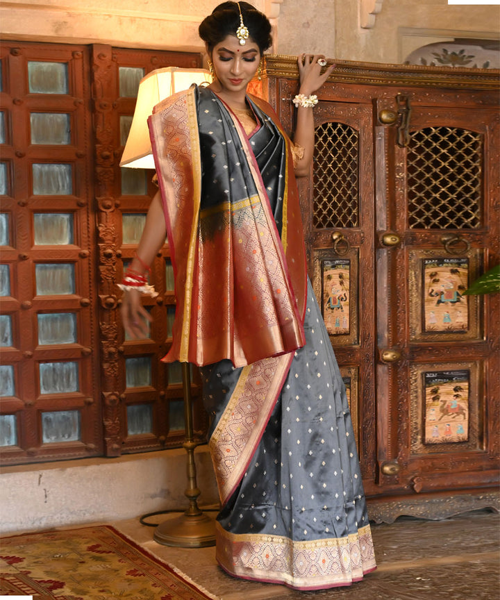 Grey silk handloom banarasi saree