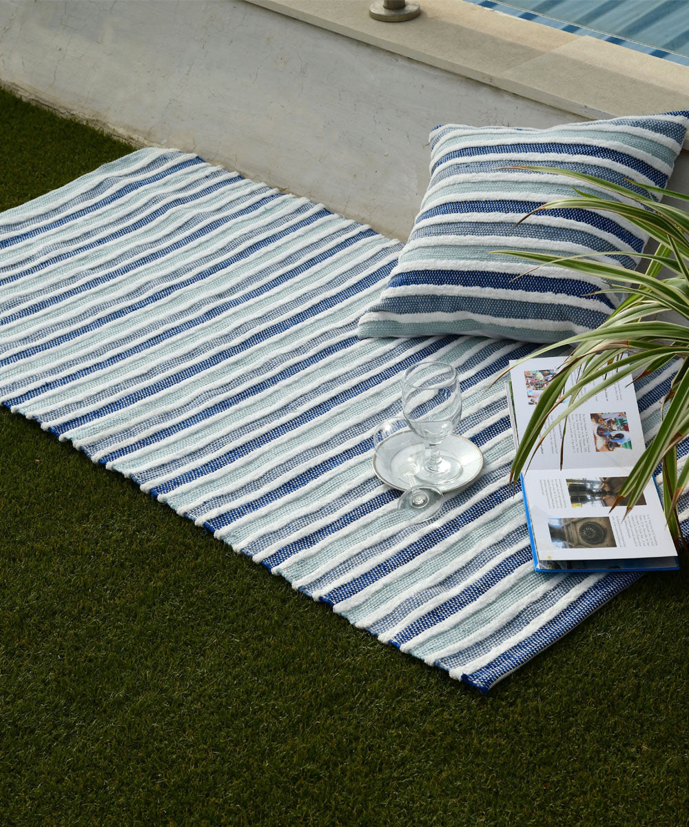 White navy blue handwoven stripe cotton dhurrie