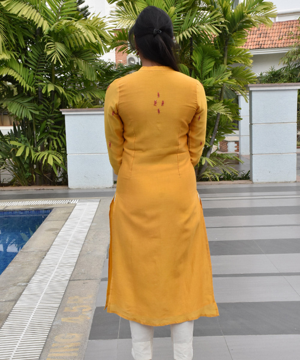 Yellow handloom chanderi cotton silk kurta with hand embroidery