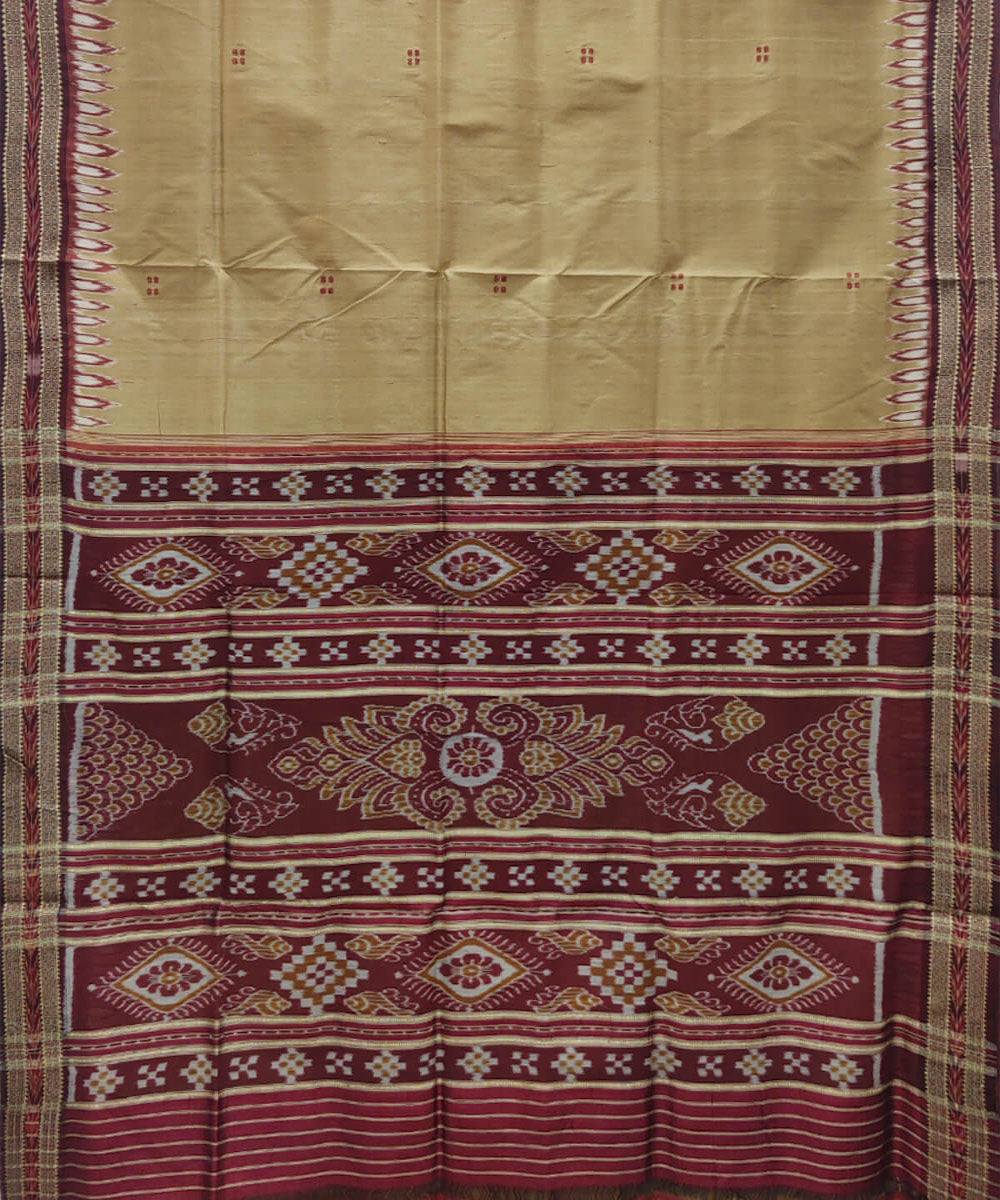 Beige yellow and maroon handwoven silk khandua saree