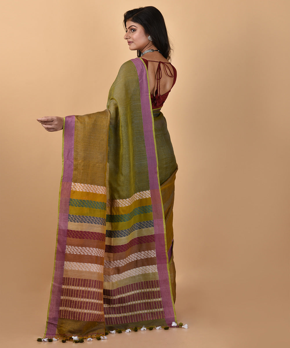 Brown green dual color handwoven tussar silk jamdani saree