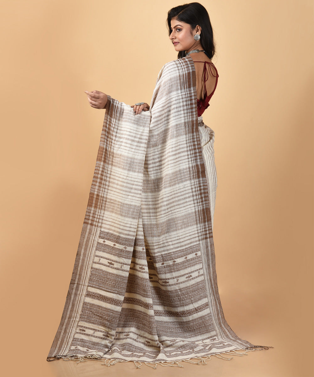 White brown stripes handwoven cotton jamdani saree