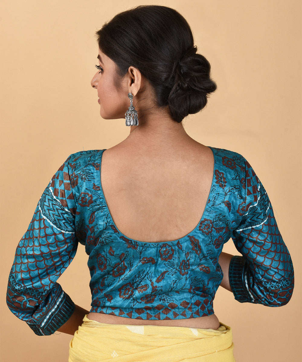 Handwoven blue tussar silk hand block printed blouse