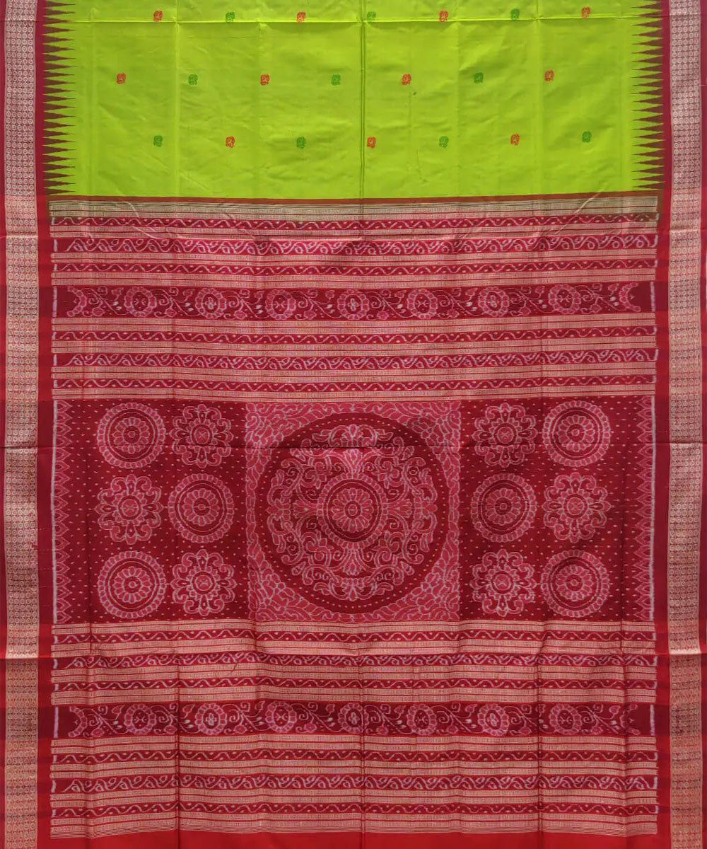 Neon green red handwoven silk sambalpuri saree