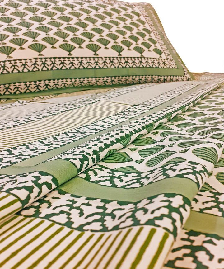 White handblock print cotton single bed sheet with pillow cover