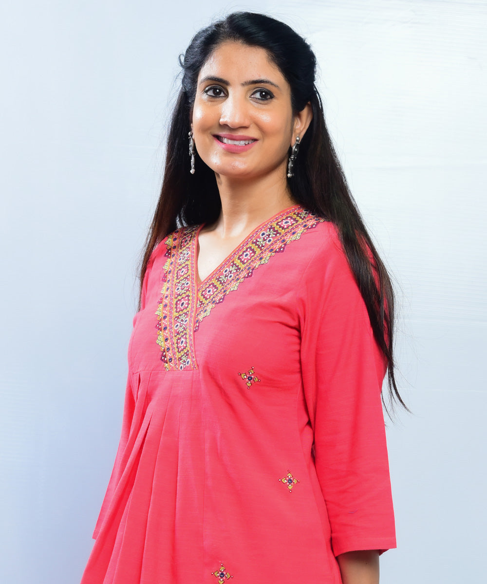 Red neran hand embroidery cotton kurta