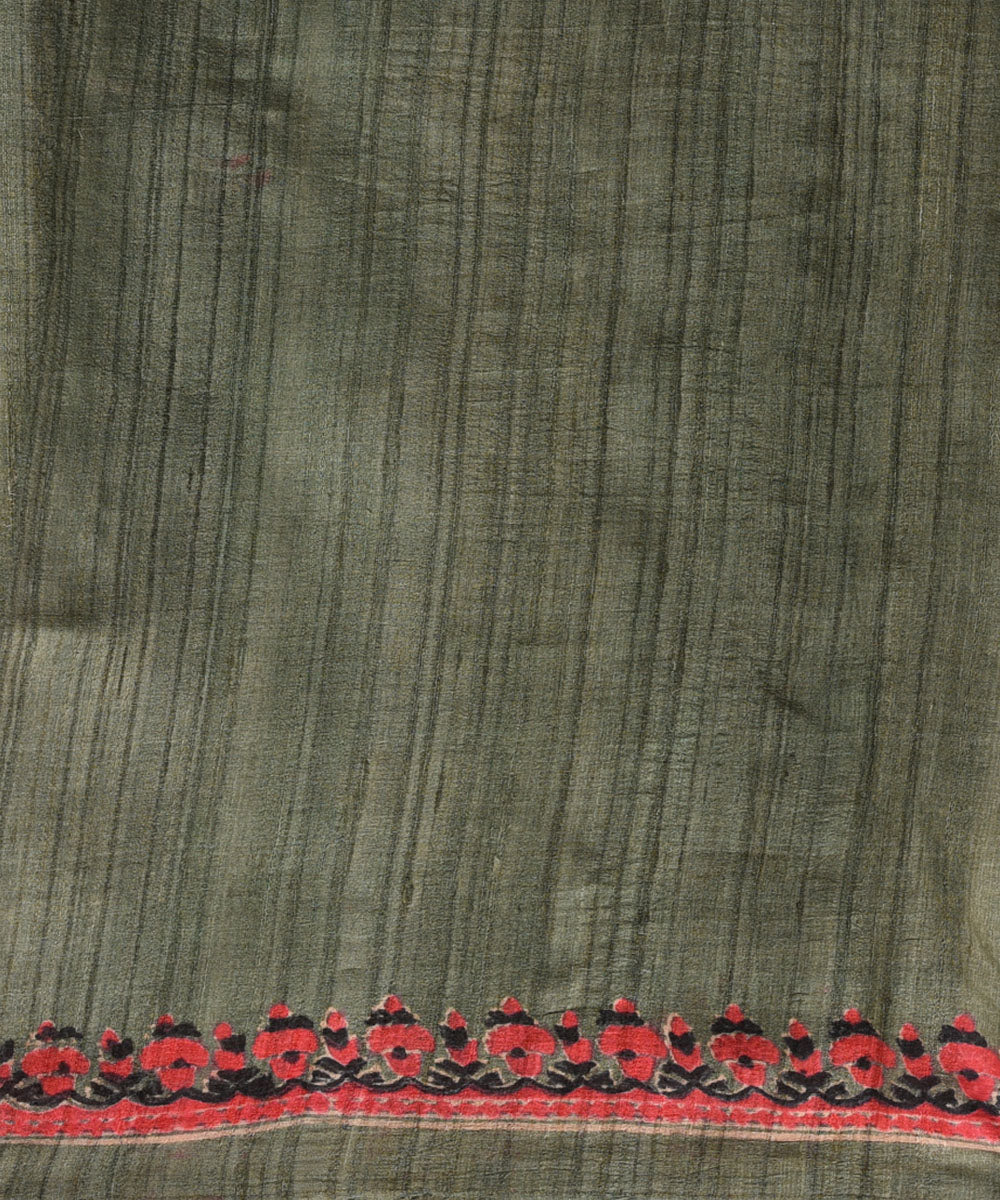 Olive green handwoven tussar silk block print saree