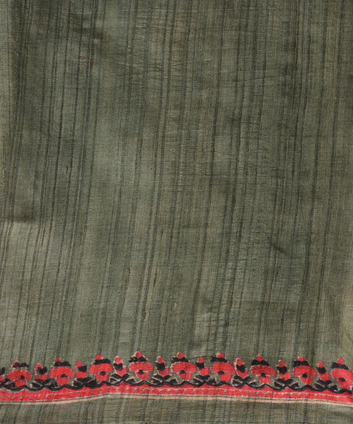 Olive green handwoven tussar silk block print saree