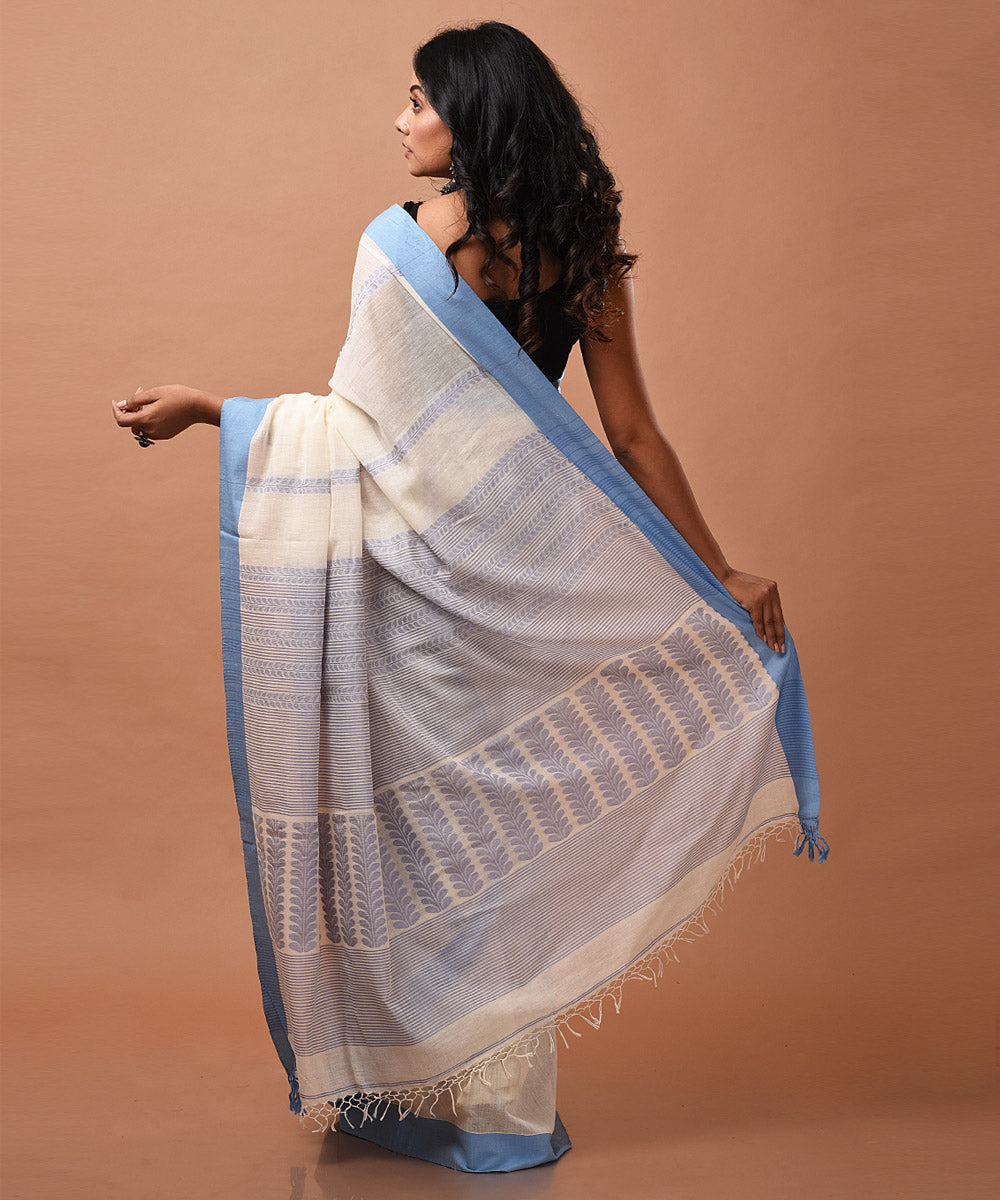 Blue and white handwoven cotton jamdani saree