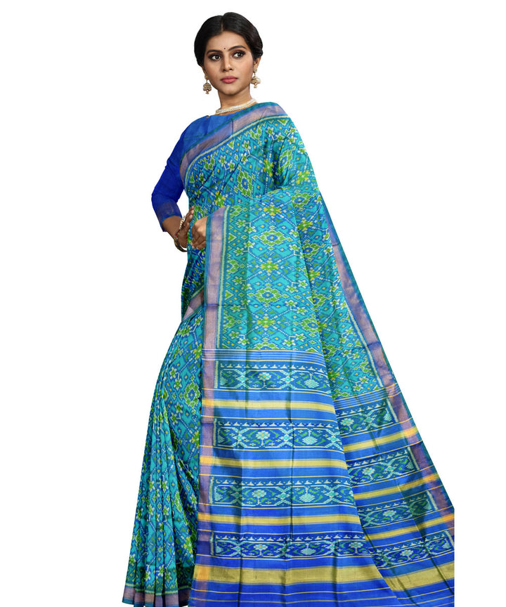 Cyan turquoise silk handloom patola saree