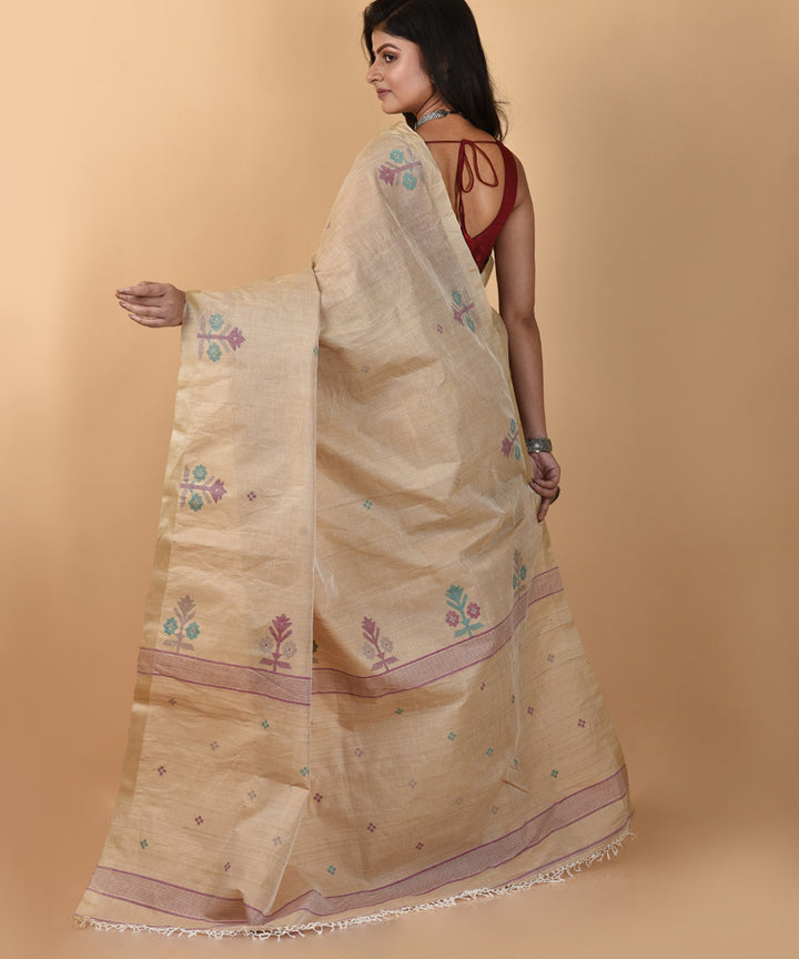 Beige handwoven tussar silk jamdani saree