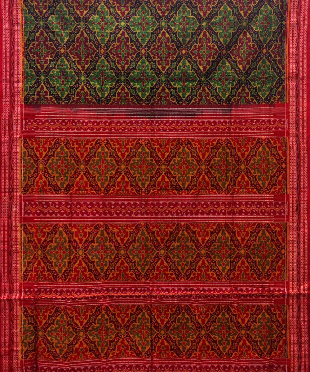 Dark green red handwoven cotton sambalpuri saree