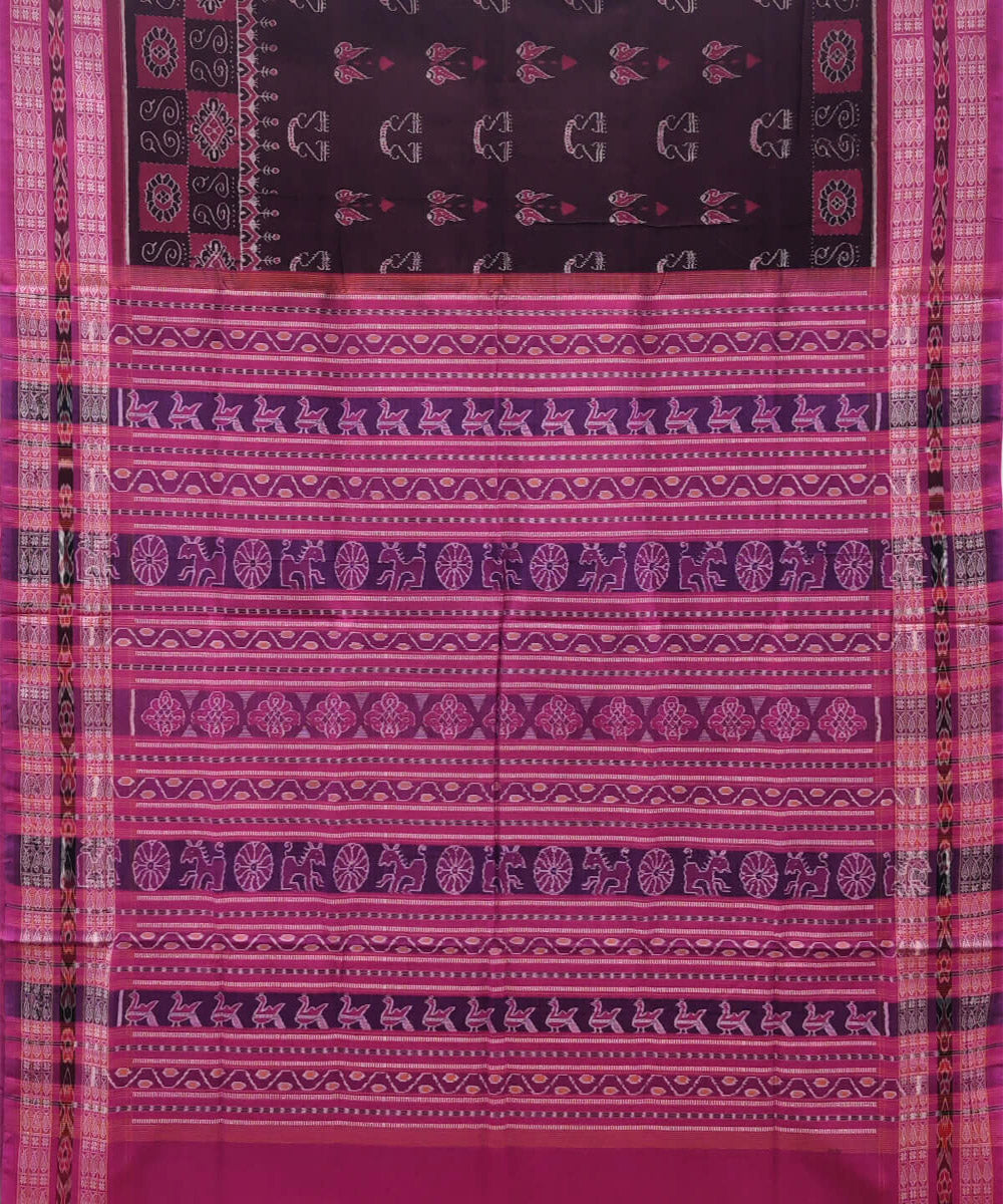 Coffee brown and pink handwoven cotton sambalpuri saree