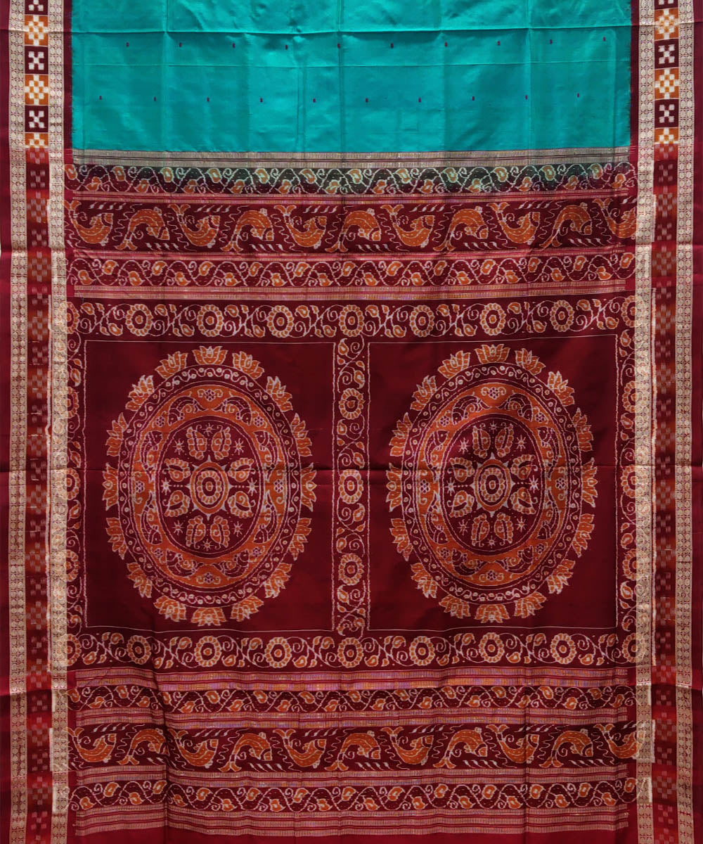 Cyan blue maroon silk handwoven bomkai saree