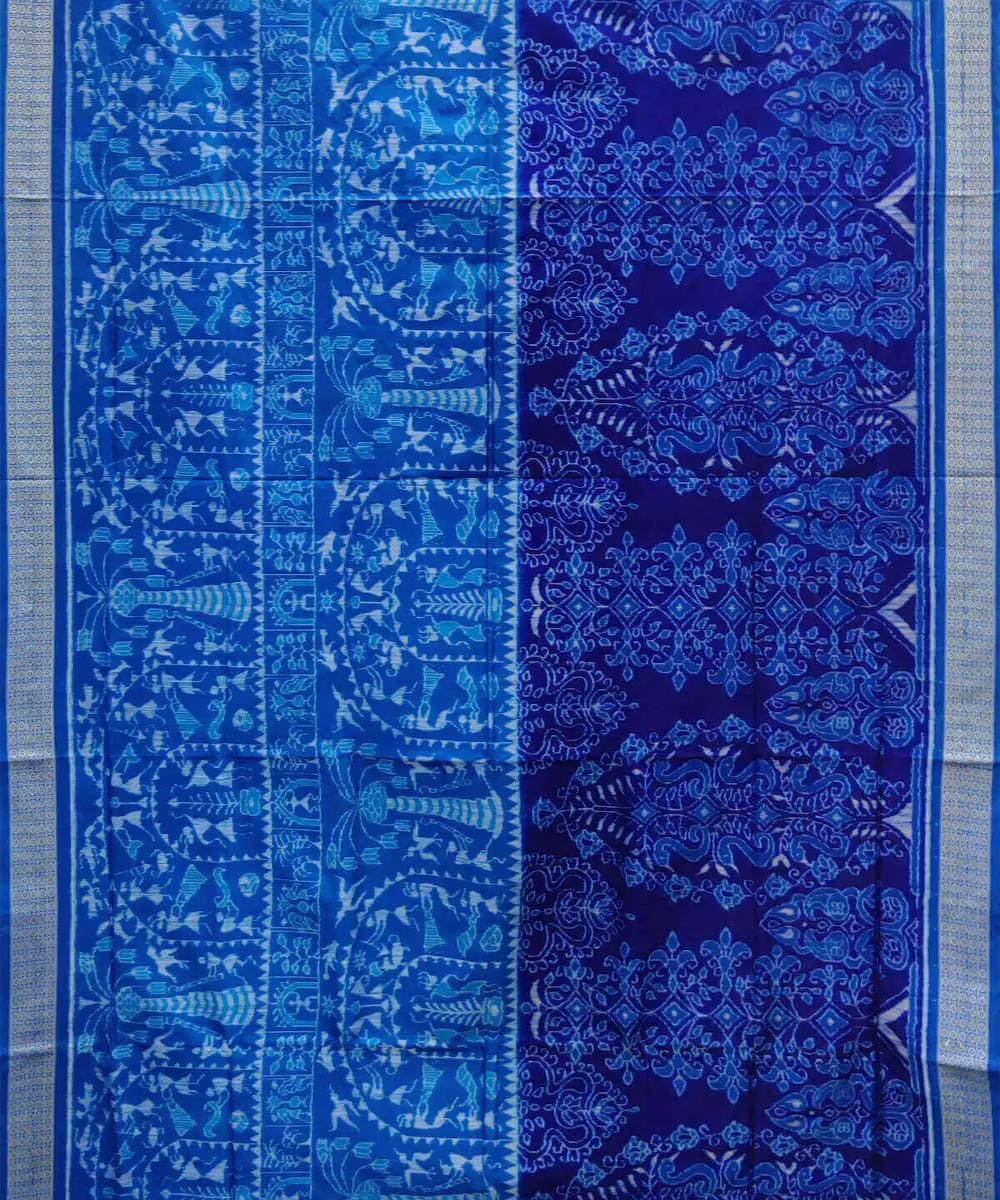 Sky blue dark blue handwoven silk sambalpuri saree