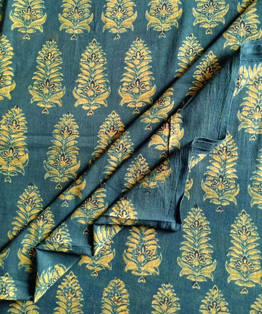 2.5m Green yellow natural dye handspun handwoven cotton ajrakh print fabric