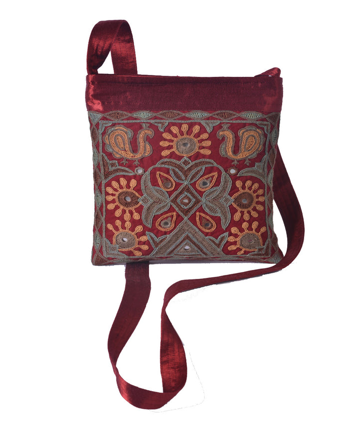 Maroon hand embroidery mashroo cross body bag