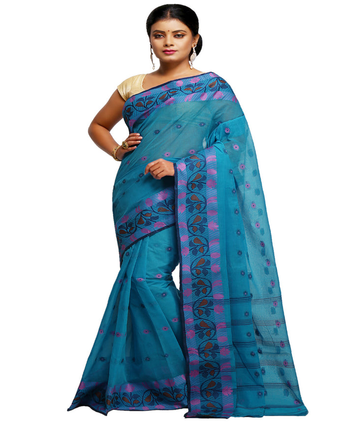 Sky blue handwoven tangail tant cotton bengal saree