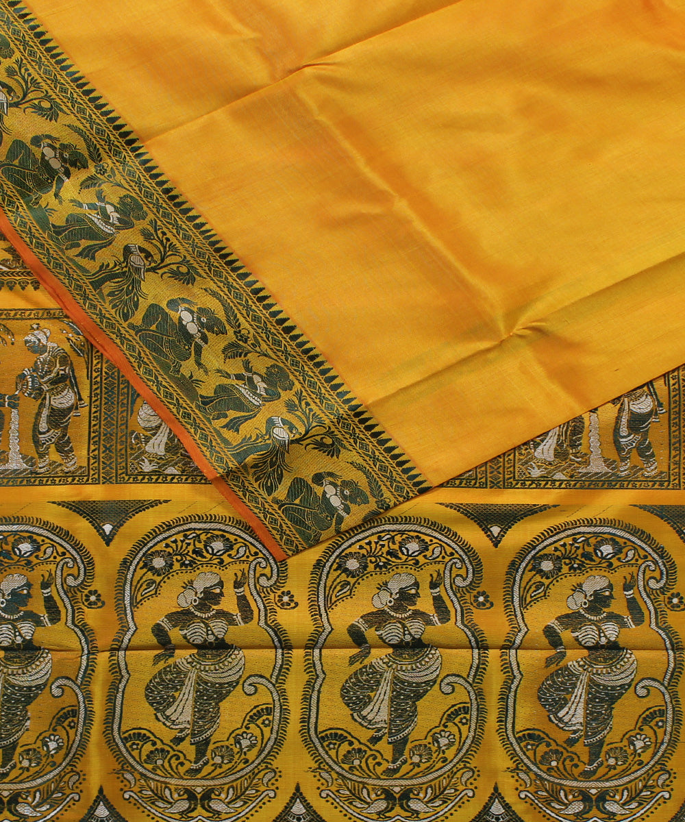 Mustard yellow handwoven silk baluchari saree