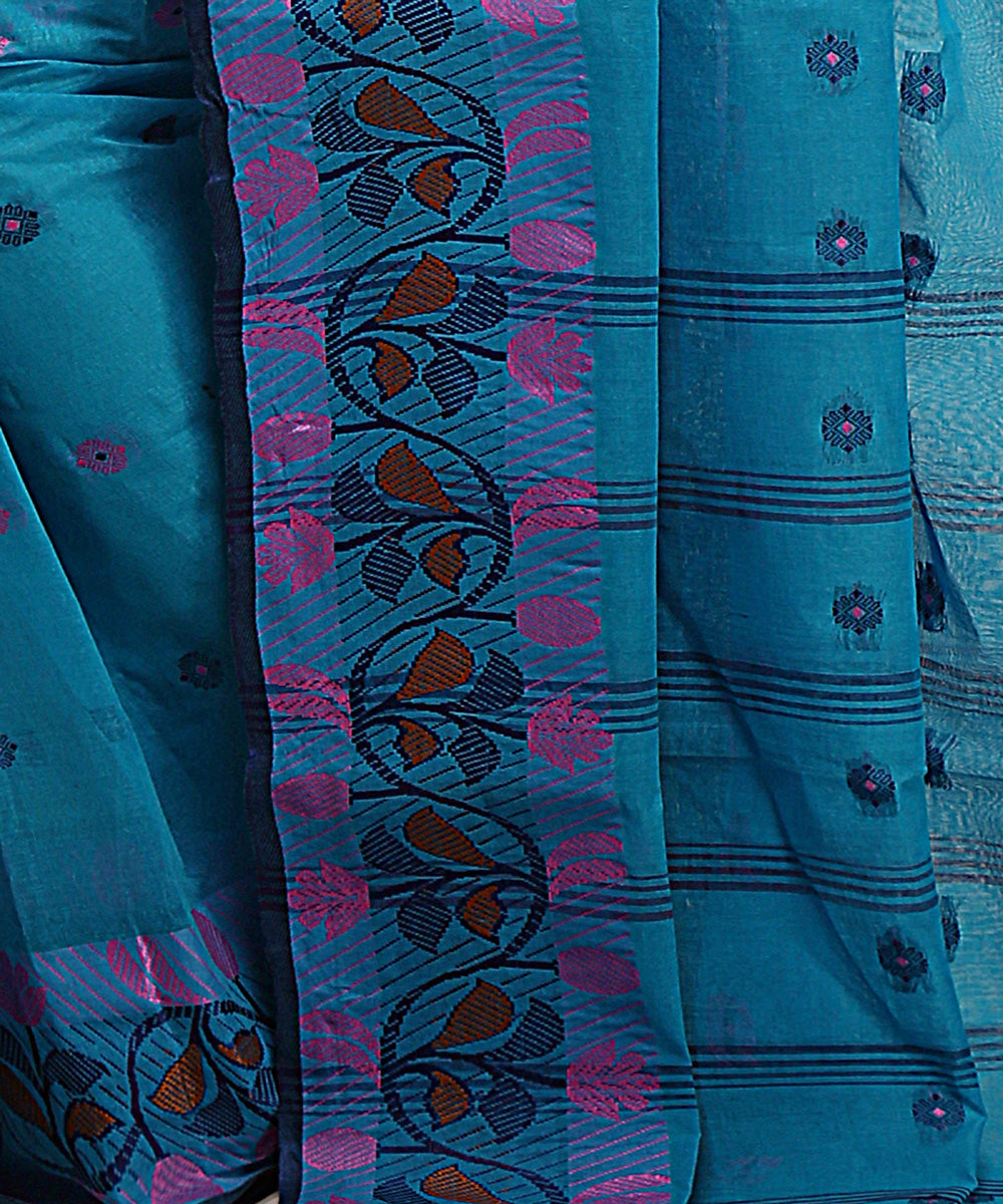 Sky blue handwoven tangail tant cotton bengal saree