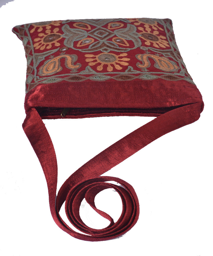 Maroon hand embroidery mashroo cross body bag