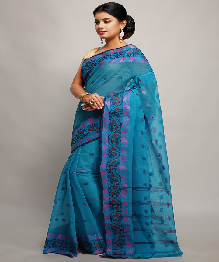 Sky blue handwoven tangail tant cotton bengal saree