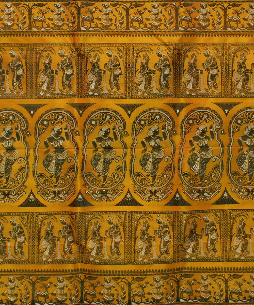 Mustard yellow handwoven silk baluchari saree