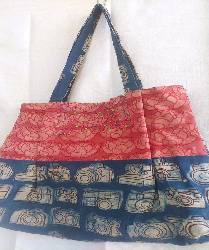Red blue handcrafted vegetable dyed cloth bag