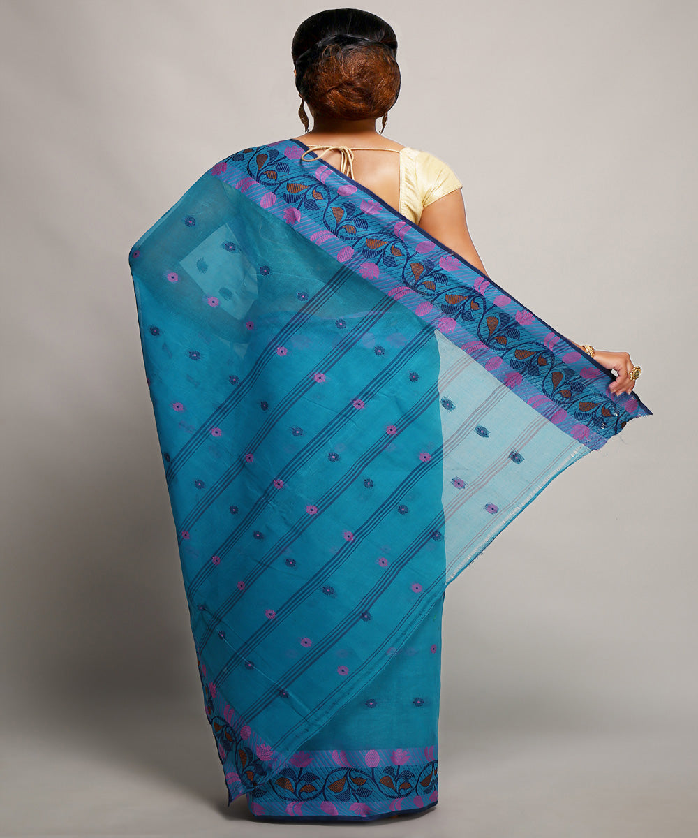 Sky blue handwoven tangail tant cotton bengal saree