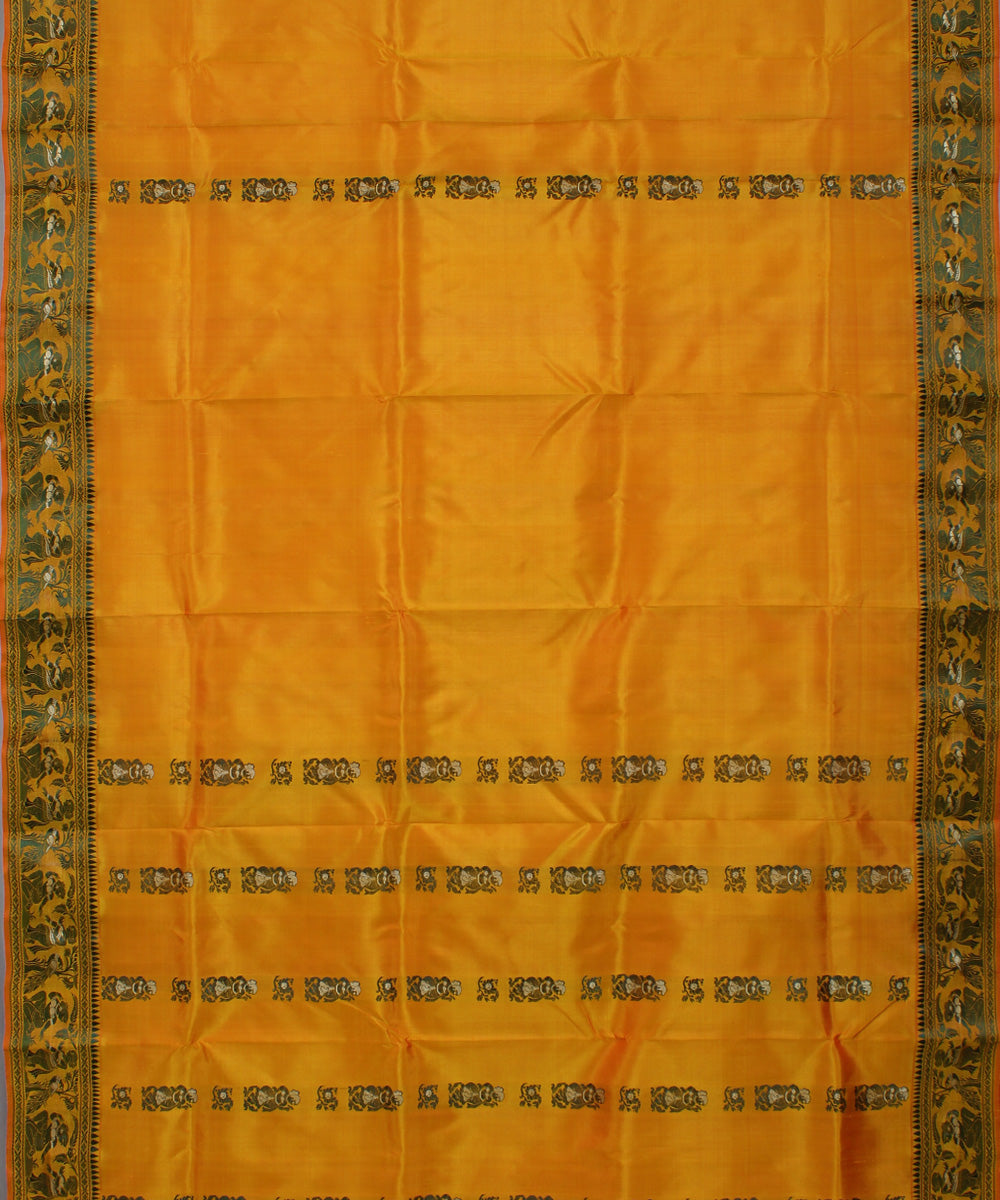 Mustard yellow handwoven silk baluchari saree