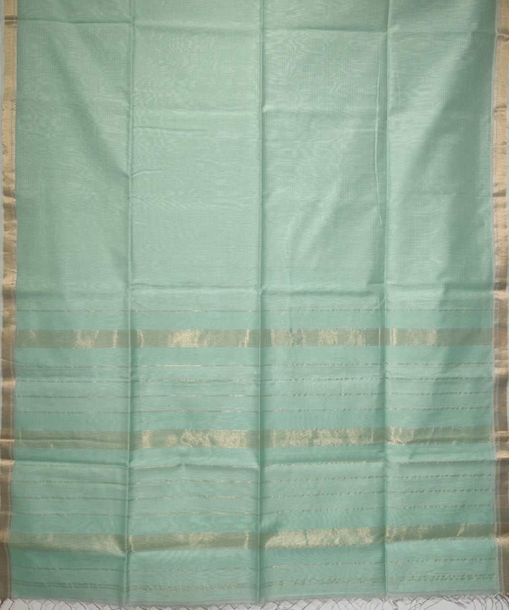 Pale aqua golden handloom cotton silk maheshwari saree